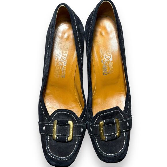 Salvatore Ferragamo Black Calf Suede Buckle Pump - Picture 1 of 5